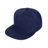 A navy blue 6 panel trucker cap with a rounded crown and a flat brim. Features a logo on the front.