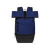 A blue and black roll top backpack featuring adjustable straps and a front zip pocket, with a logo present.