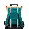 A teal convertible nylon backpack with adjustable straps, resting on a black suitcase. Features include a zippered pocket and a logo.