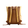 A yellow and brown Tyvek roll top backpack with padded straps and mesh detailing on the back.
