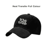 A black corduroy baseball cap featuring a logo on the front and a curved brim.