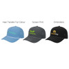 A set of three caps featuring mesh backs in blue, grey, and black, each with a logo and different decoration styles.