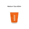 An orange corrugated double wall paper cup with a ribbed texture, featuring a logo on the front.