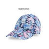 A floral-patterned 6 panel custom cap featuring shades of blue, pink, and white, with a logo on the front.