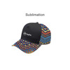A vibrant custom cap featuring a black front panel and a multicoloured patterned brim. Includes a logo on the front.