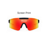 Frameless sports sunglasses with a mirrored orange lens and black accents. Features a logo on the lens.
