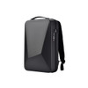 A black expandable hardshell backpack featuring a geometric design and a shoulder strap for easy carrying.