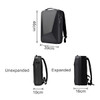 An expandable hardshell backpack in black, displayed in both unexpanded and expanded forms, with dimensions shown.