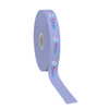 A roll of light purple satin polyester ribbon with a logo printed along the length.