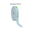 A roll of light blue satin polyester ribbon with a printed design and a logo.