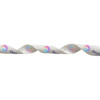 A roll of full colour printed satin polyester ribbon in shades of white and pastel colours, featuring a logo design.