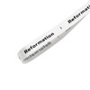 A white satin polyester ribbon with black text and a logo.