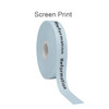 A roll of light blue satin polyester ribbon with screen-printed text, featuring a logo.