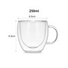 A clear double wall mug with a handle, holding 250ml, featuring dimensions of 8.3cm width and 8.5cm height.