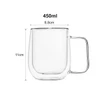 A barrel-shaped double wall mug made of clear glass, featuring a handle and a capacity of 450ml.