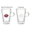 A double wall mug featuring a transparent design with a handle, showcasing decal print and engraving options.