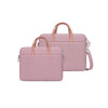 A pink laptop bag with a smooth finish, featuring two handles and a removable shoulder strap. It has a logo.