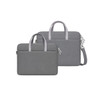 A grey laptop bag with dual handles and a detachable strap, featuring a sleek design and a logo.