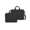 A black sling laptop bag with a cushion pad, featuring handles and a detachable shoulder strap. It has a logo.