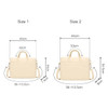 A beige laptop bag with a buffer pad, featuring adjustable straps and a logo, available in two sizes.
