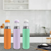 A drink bottle set featuring three 750ML stainless steel vacuum bottles in orange, lavender, and mint green, with transparent caps and branding.