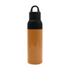 A drink bottle featuring a black lid and a copper body, with a logo prominently displayed.