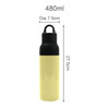 A drink bottle with a black lid and a yellow body, featuring a logo. It has a capacity of 480ml.