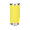 A drink bottle in bright yellow with a stainless steel base and a clear lid. It features a logo on the surface.