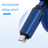 A blue charging cable with an aluminium alloy shell features a connector end. It has a textured blue braid for added durability.