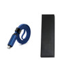 A blue 60W long charging cable with a textured design, coiled and presented alongside a sleek black box.