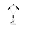 A white charging phone strap with black connectors and a clip attachment at the bottom.
