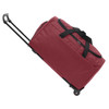A wheeled duffel bag in a deep red colour, featuring a retractable handle and sturdy wheels.