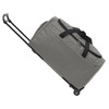 A wheeled duffel bag in grey, featuring a telescopic handle and reinforced straps. It has a logo on the side.