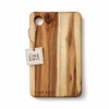 A wooden cheese board with a natural finish, featuring a circular hole and a branded tag.