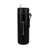 A drink bottle in matte black, featuring a logo and a flip-top lid with a straw.
