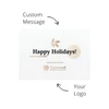 A promotional card with a white background, featuring a festive design, and space for custom messages and logos.