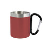 A drink bottle featuring a red, recycled stainless steel body with a silver rim and a black carabiner handle.