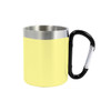 A drink bottle featuring a yellow exterior, stainless steel inner, and a black carabiner handle. It includes a logo.