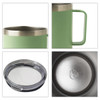 A drink bottle in green with a stainless steel rim and handle, featuring a clear lid and a smooth base.