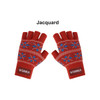 Red jacquard fingerless gloves with blue snowflake patterns and a logo on the wrist.