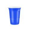 A blue plastic cup with a white lid, part of a party cup set for beer pong games.