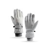 A pair of grey ski gloves with a snug fit and adjustable wrist straps, featuring a logo on the cuff.