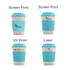 A bamboo fibre coffee cup with a light blue silicone lid and grip, featuring various print options and a logo.