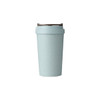 A drink bottle in a light blue colour with a double wall design, made from wheat straw. Features a logo.
