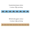 A blue and brown reinforced kraft paper tape with various printed logos and designs.