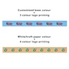 Two rolls of self-adhesive kraft paper tape in blue and kraft paper colour, featuring logos in multiple colours.
