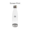 A drink bottle in translucent design with a silver base and stainless steel lid, featuring a logo.