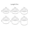 A diagram of six rolls of transparent packaging tape, each with different widths, all measuring 91m in length.