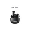 Black semi in-ear wireless earbuds resting in a matching case, featuring a logo and a charging indicator light.