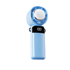 A portable cooling fan in light blue with a digital display and attached phone stand.